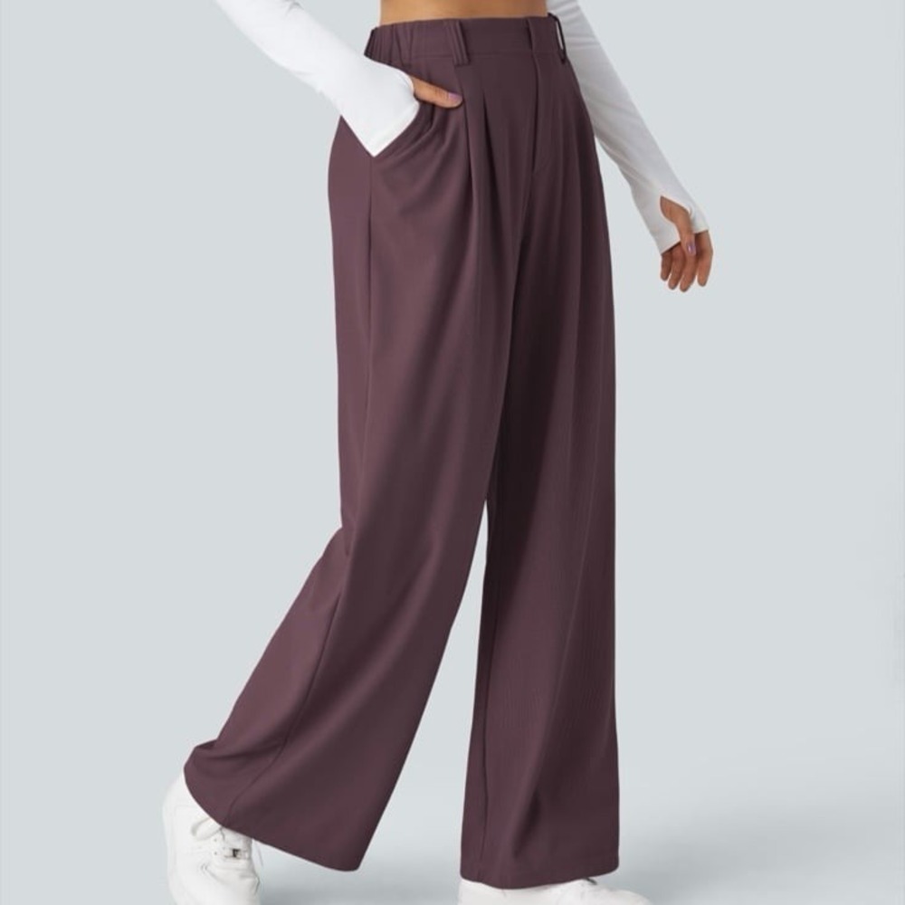Halara Flex High‎ Waisted Wide Leg Waffle Work Pants Plum Wine XS/Regular